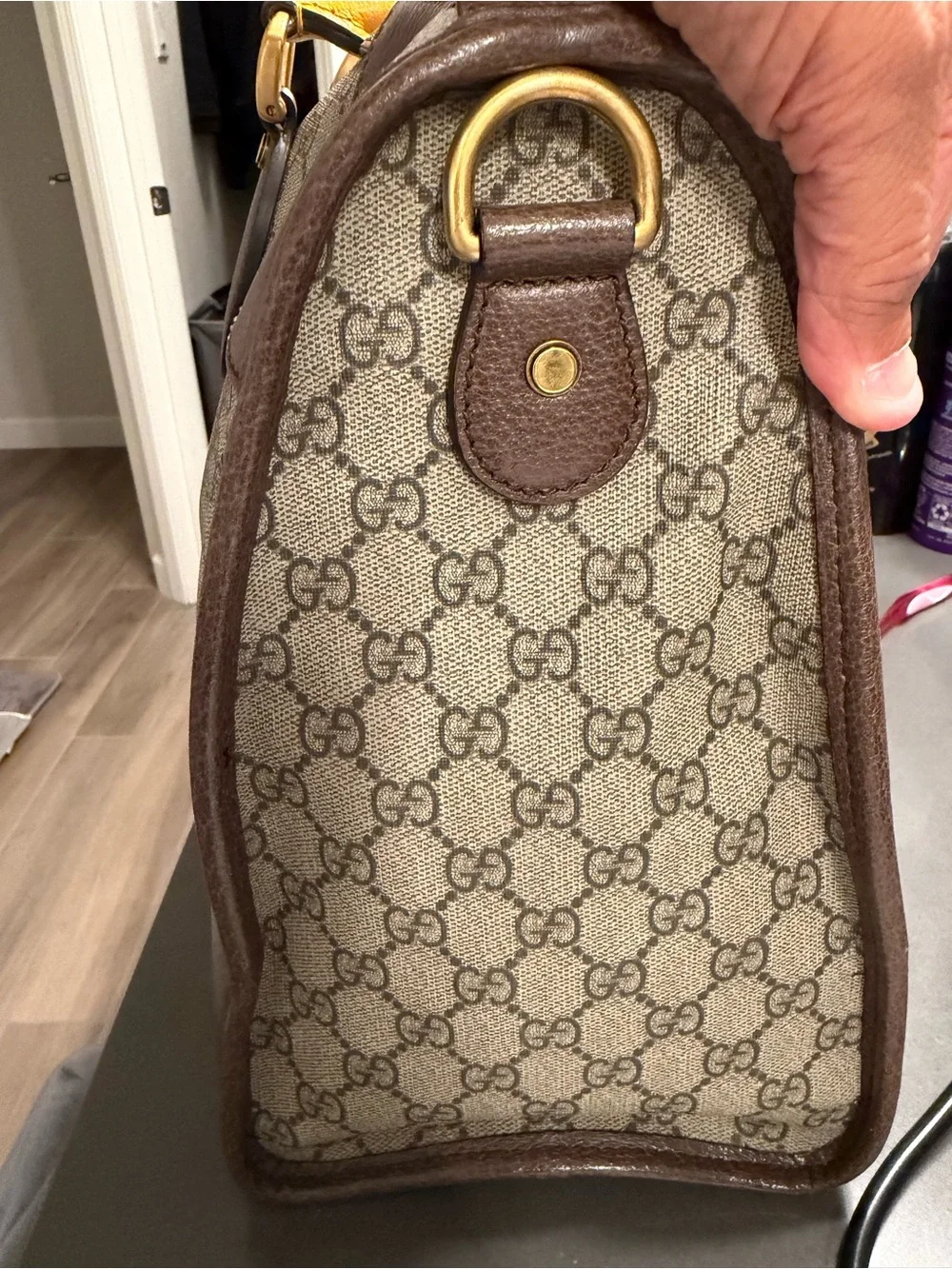 Gucci Beige GG Supreme Canvas Duffel with Brown Leather and Green-Red Web